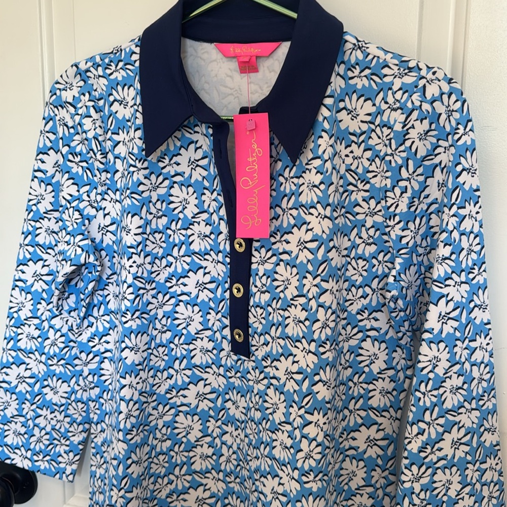 *NEW* LILLY PULITZER AINSLEE 3/4 SLEEVE POLO MINI DRESS BLUE FLORAL PRINT MEDIUM - Picture 4 of 7